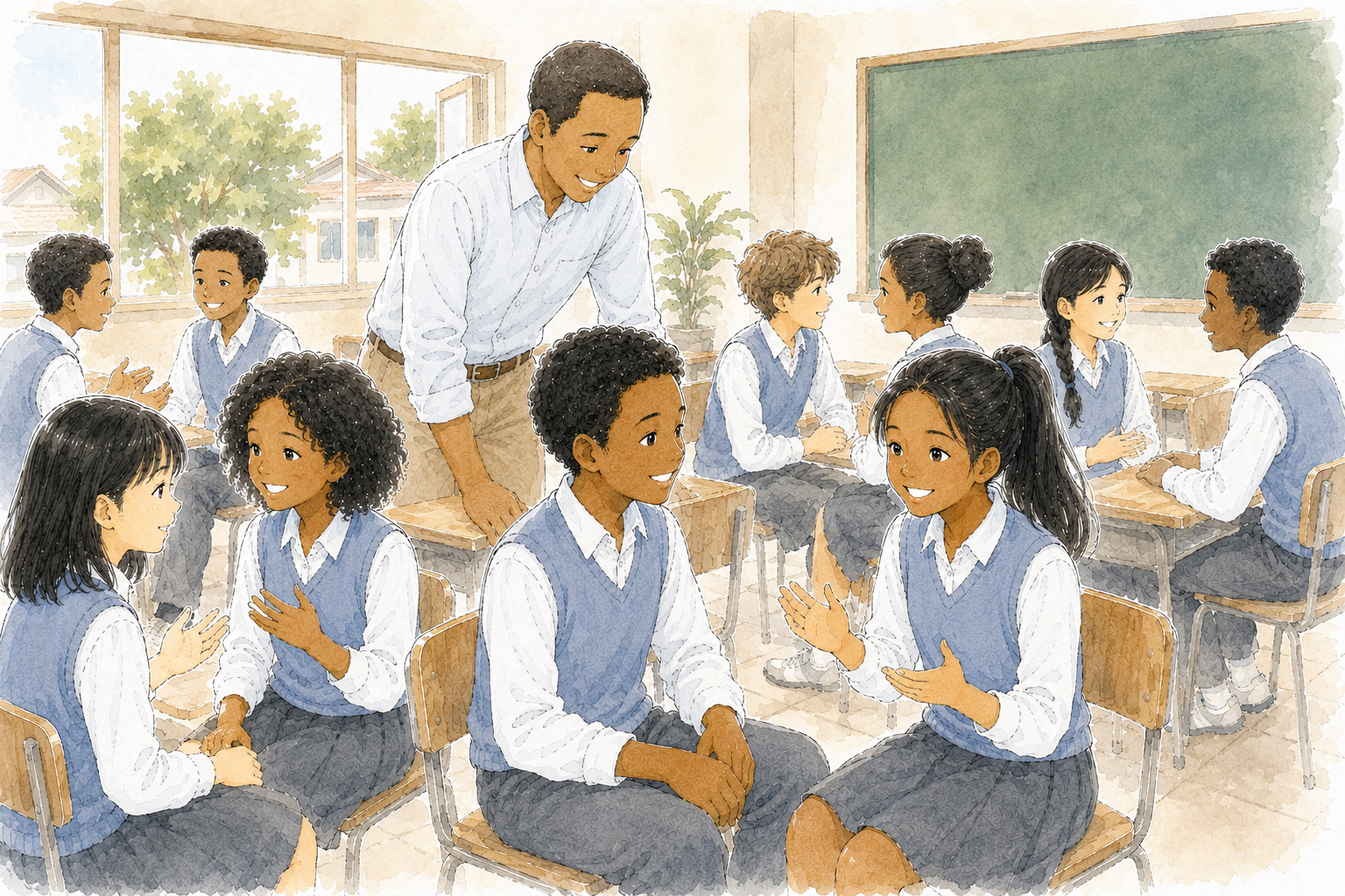 Des élèves pratiquent les présentations avec le professeur.
