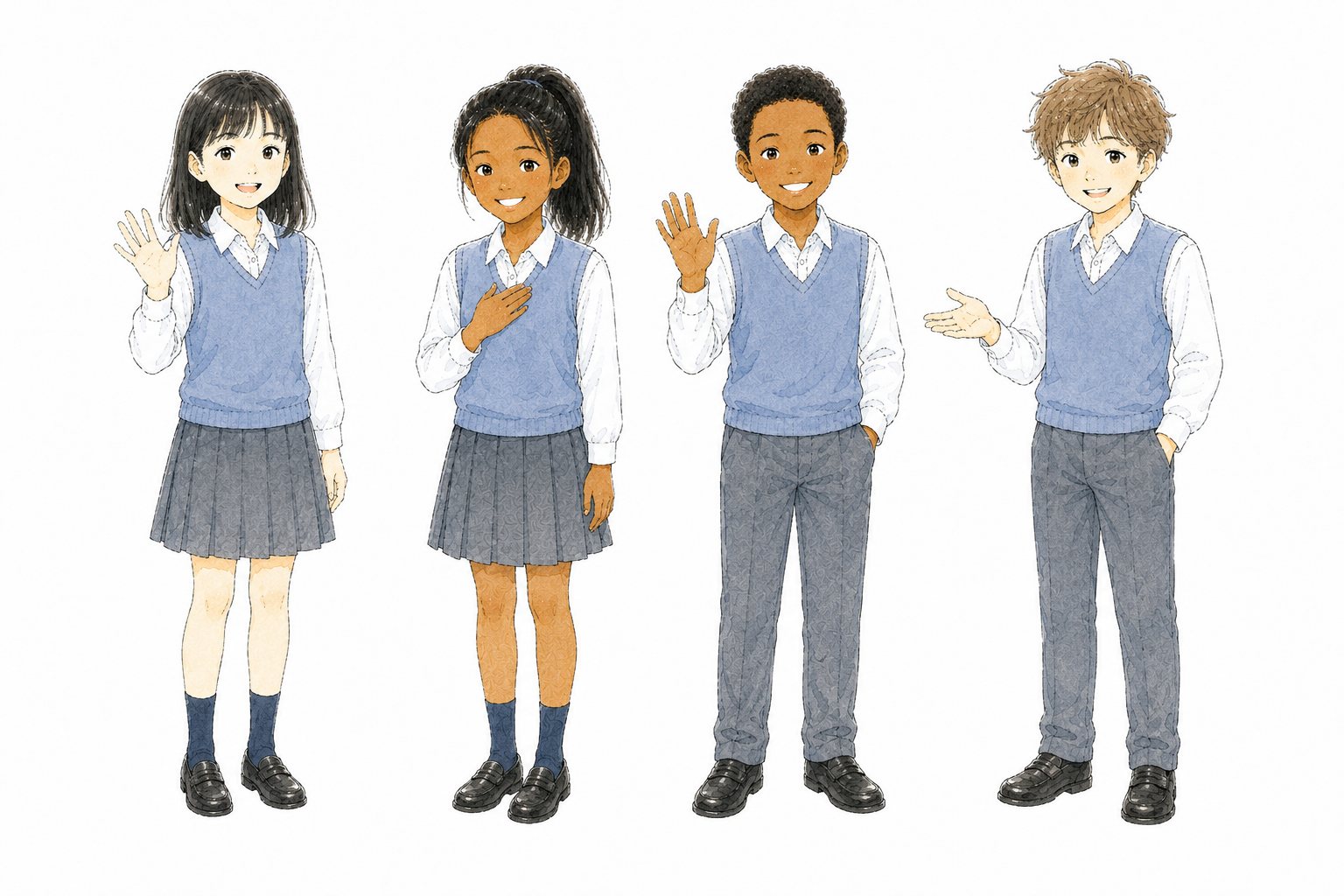 Les profils de Sakura, Mia, Faly et Émile.