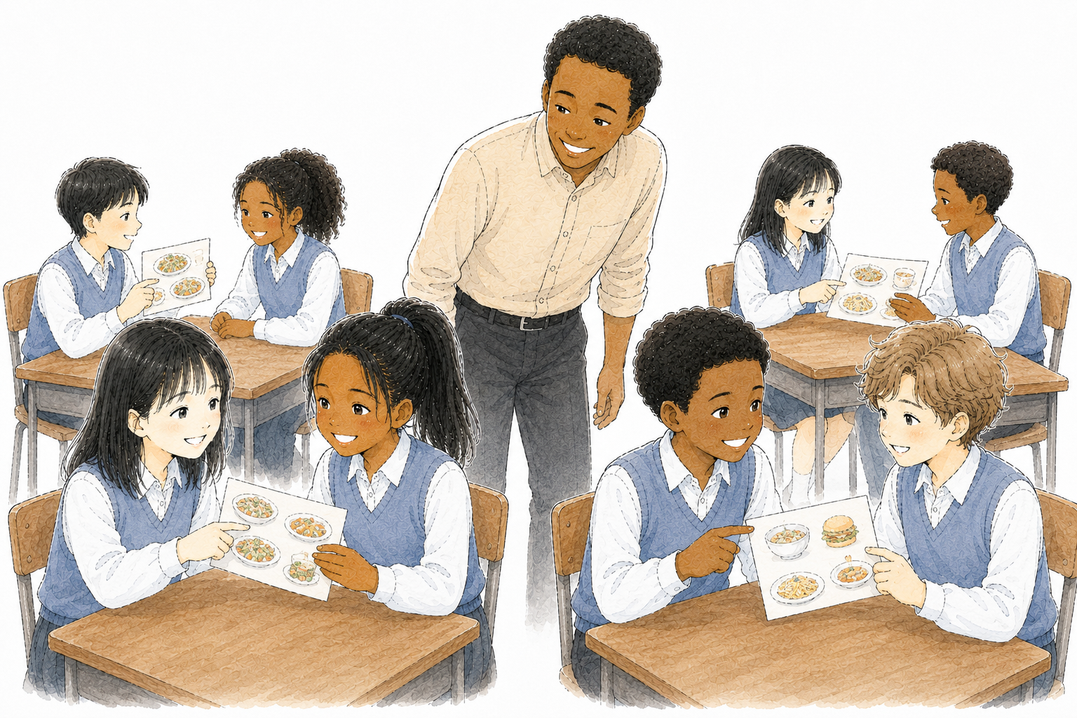 Des élèves discutent par deux avec leurs menus illustrés.