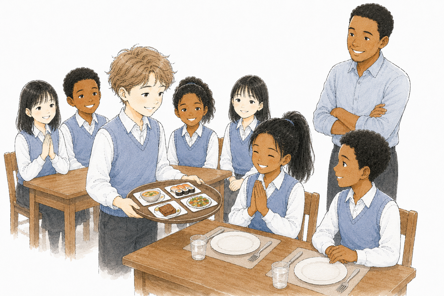 Des élèves jouent la scène du restaurant en classe.