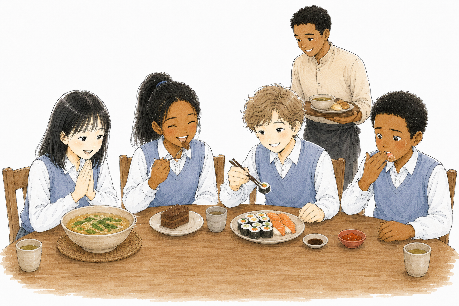 Les quatre amis mangent et donnent leur avis sur les plats.